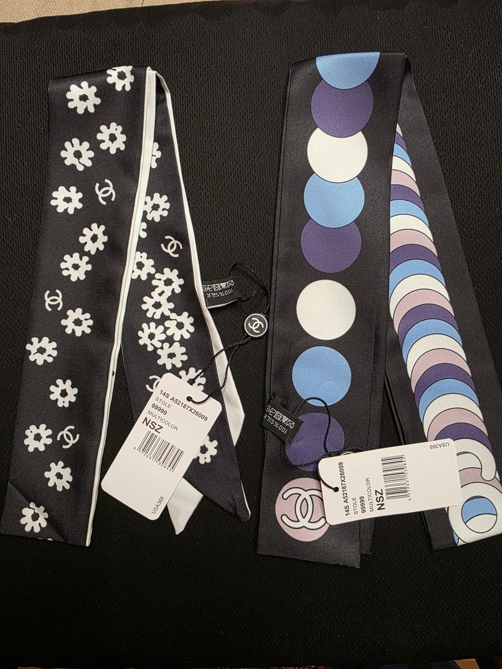 Luxury Inspired Black & Multicolor Silk Twilly Scarves - Set of 2